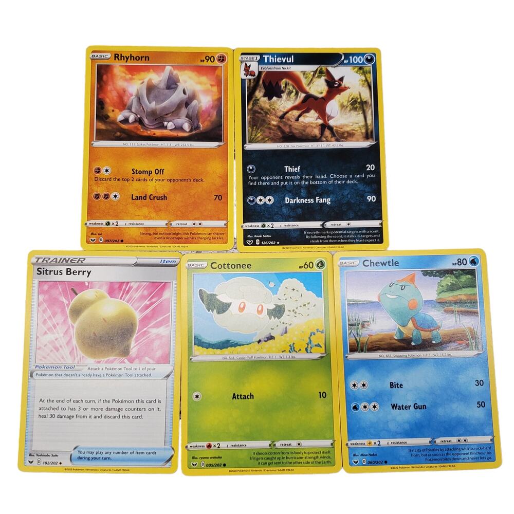 Pokemon Card Bundle Rhyhorn Thievul Sitrus Berry Cottonee Chewtle Playing Cards